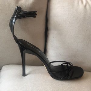 Black patent back zip high heels